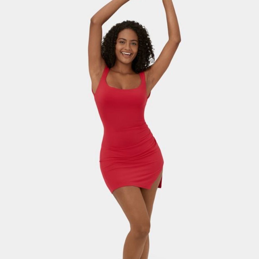 Halara Ruched Backless Tie Back Split Hem Bodycon Mini Casual Dress Small